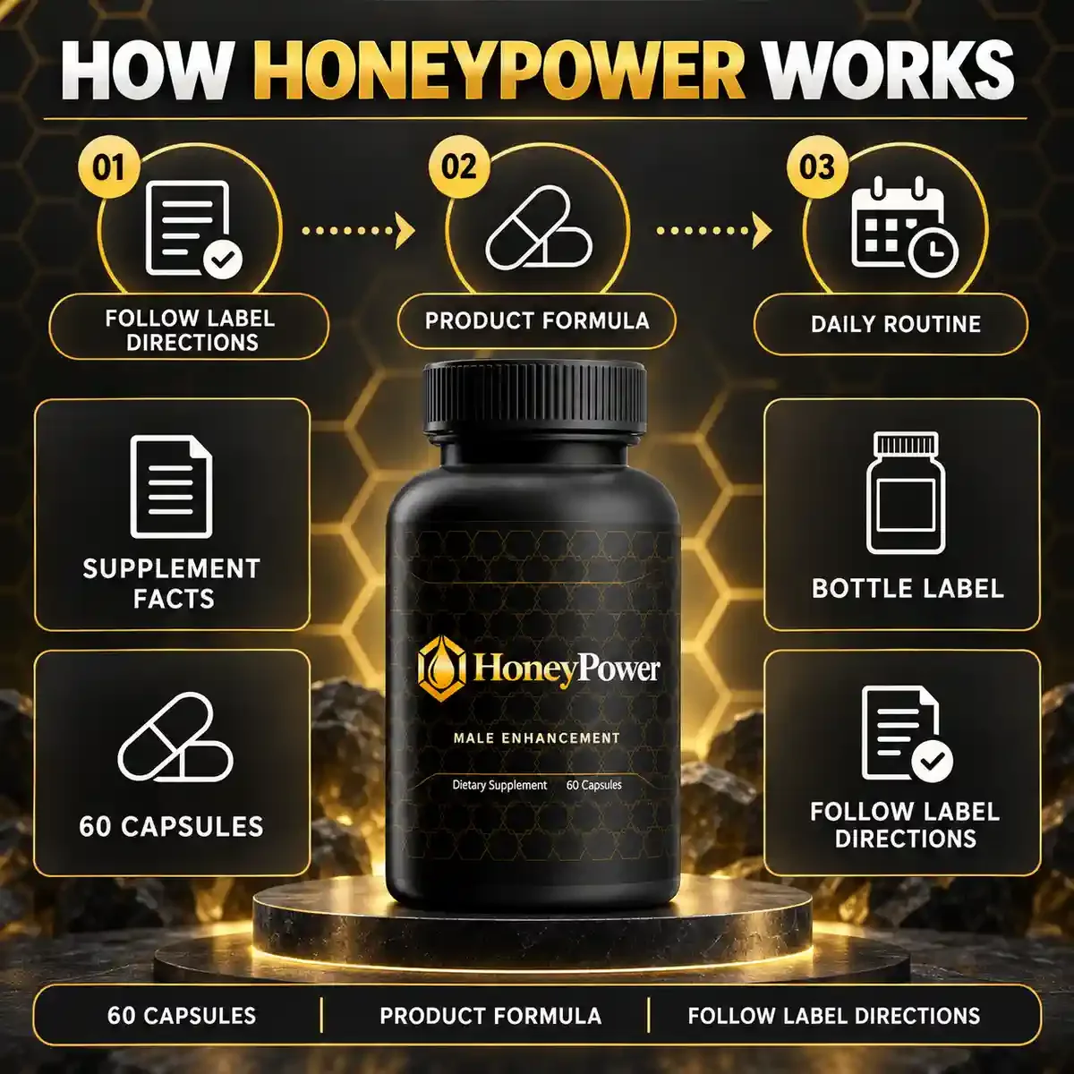 The seller's How HoneyPower Works listing graphic: three numbered steps reading Follow label directions, Product formula and Daily routine, above four tiles reading Supplement Facts, Bottle label, 60 Capsules and Follow label directions.