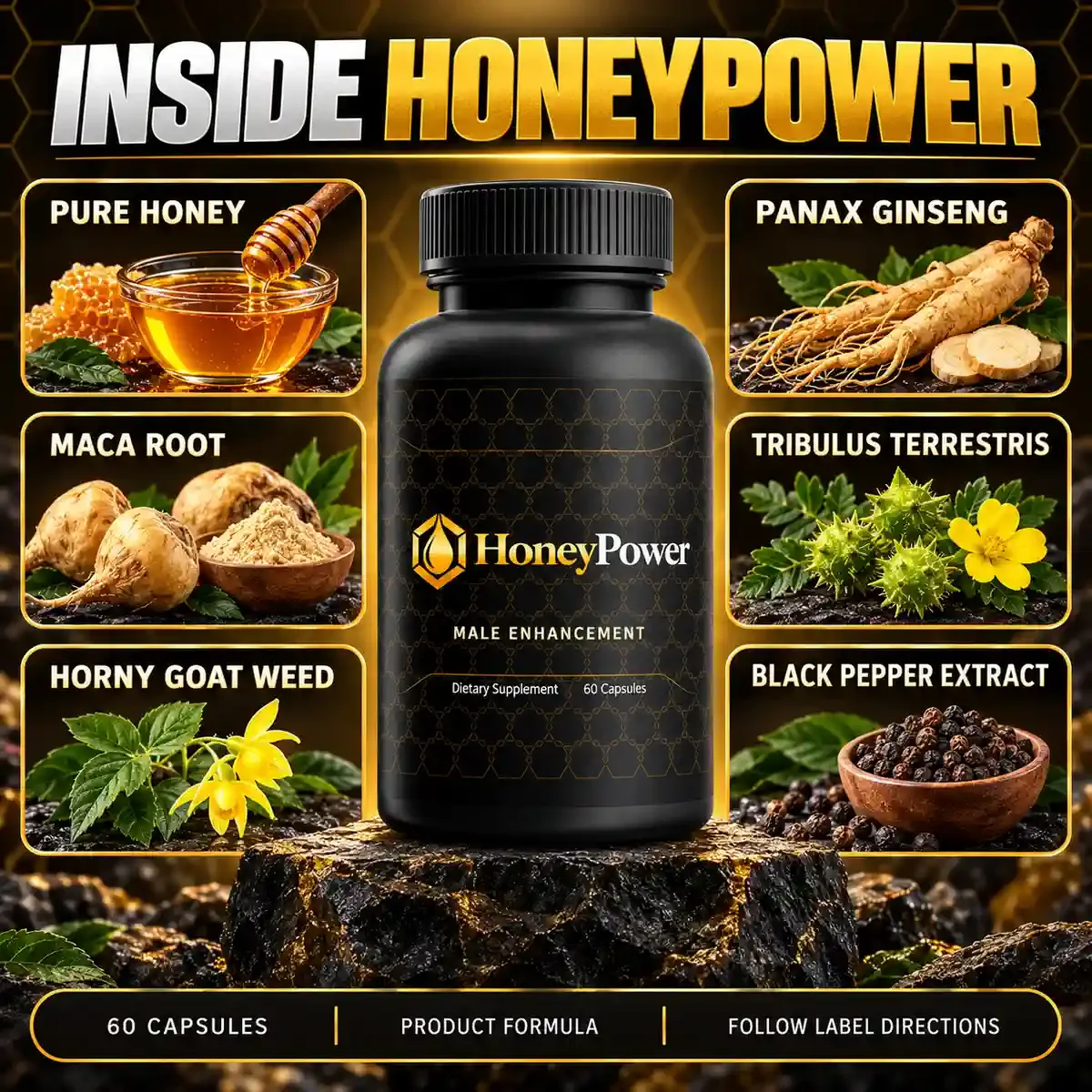 The seller's Inside HoneyPower listing graphic. It names six ingredients - Pure Honey, Panax Ginseng, Maca Root, Tribulus Terrestris, Horny Goat Weed and Black Pepper Extract - and prints no amount beside any of them.